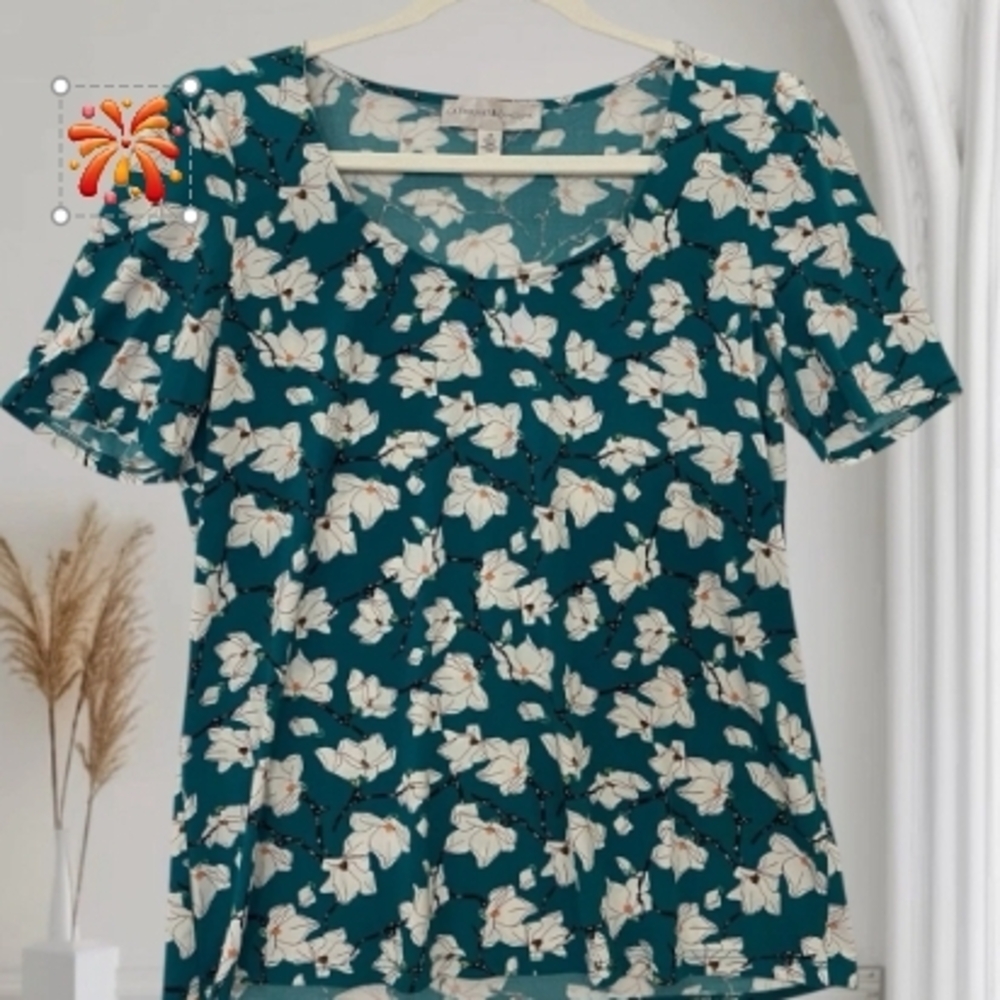 Catherine Malandrino Teal Floral Short Sleeve Top
